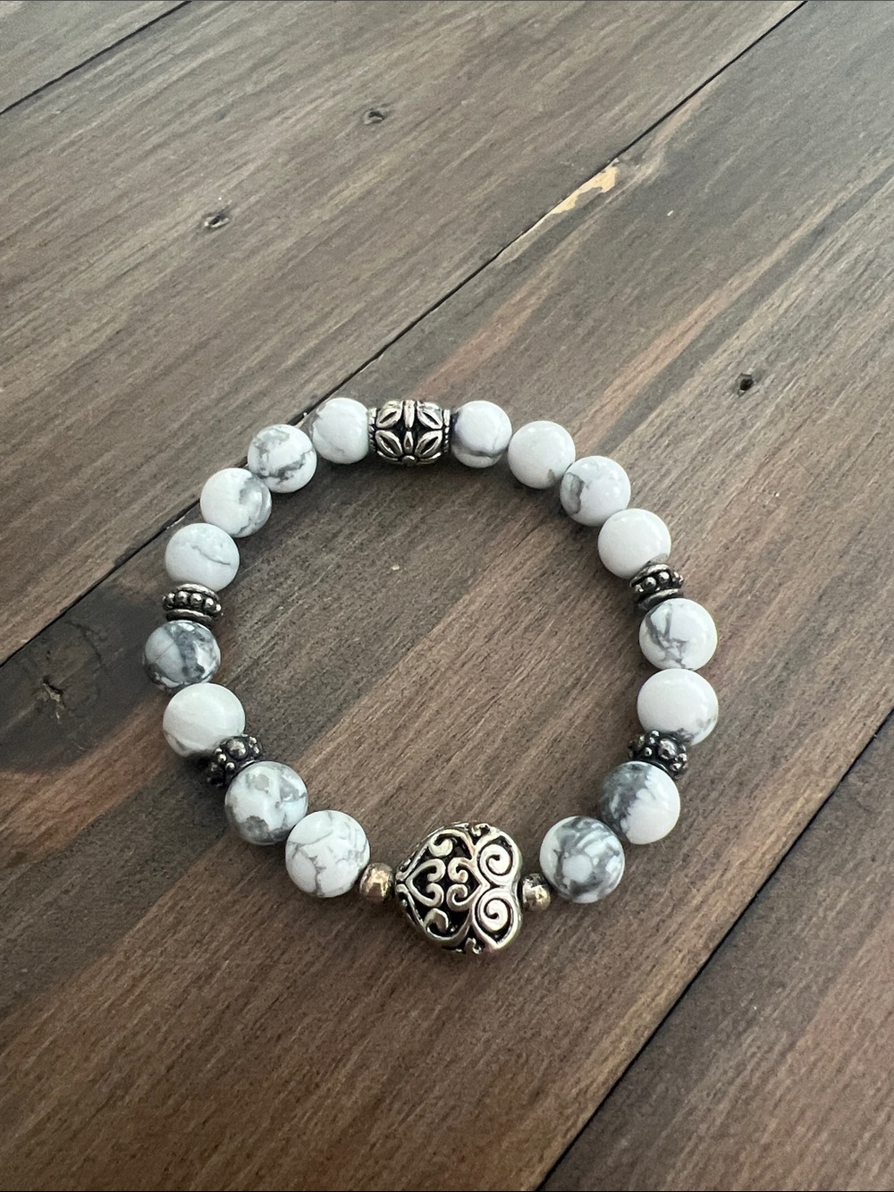 White Howlite Bead Bracelet with Silver Accent Beads